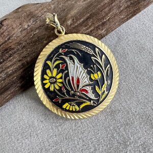 VTG Damascene Butterfly Floral Round Pendant Enamel Goldtone Necklace Toledoware